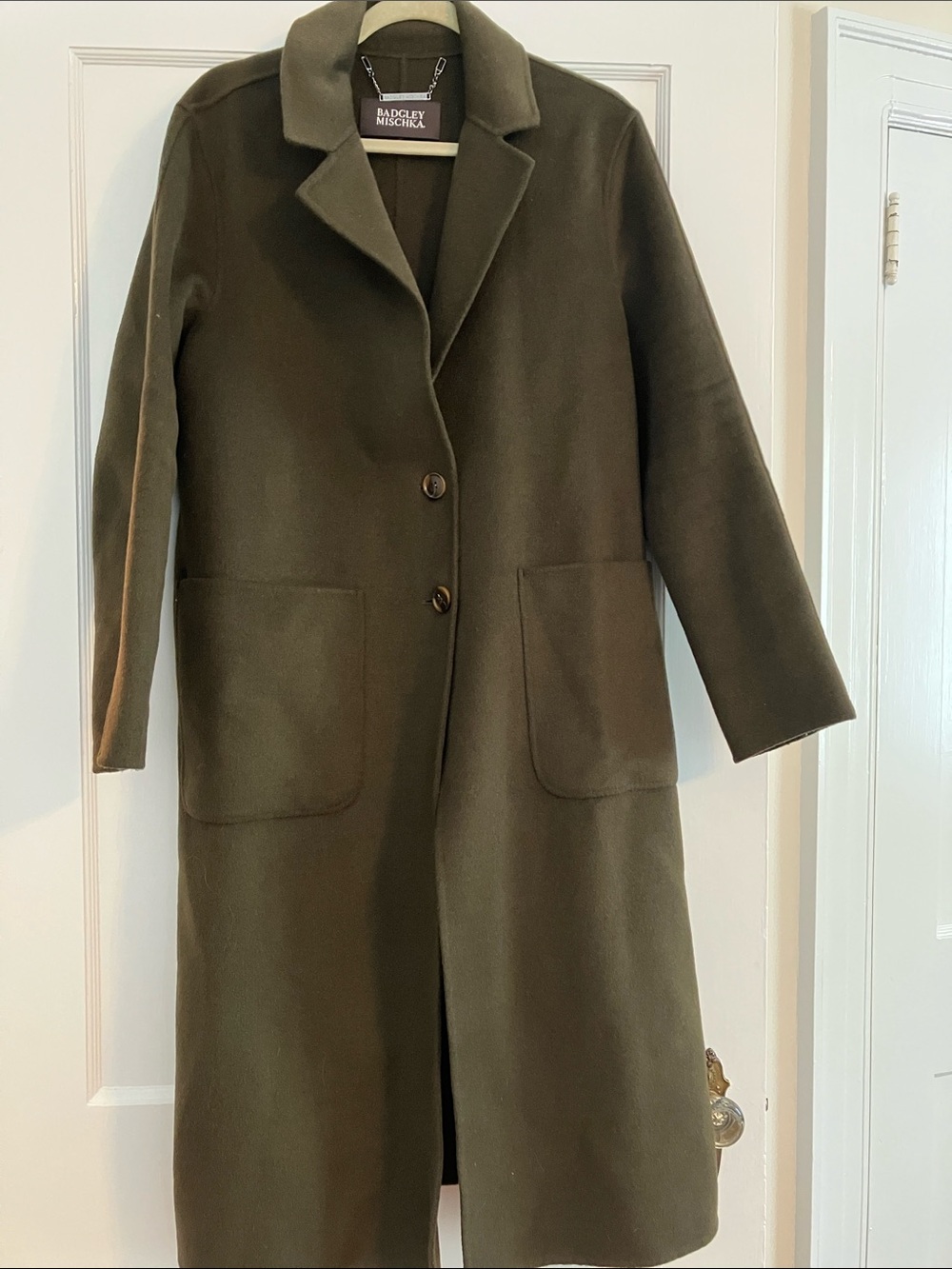 Badgley Mischka Olive Wool Single-Button Long Trench Coat